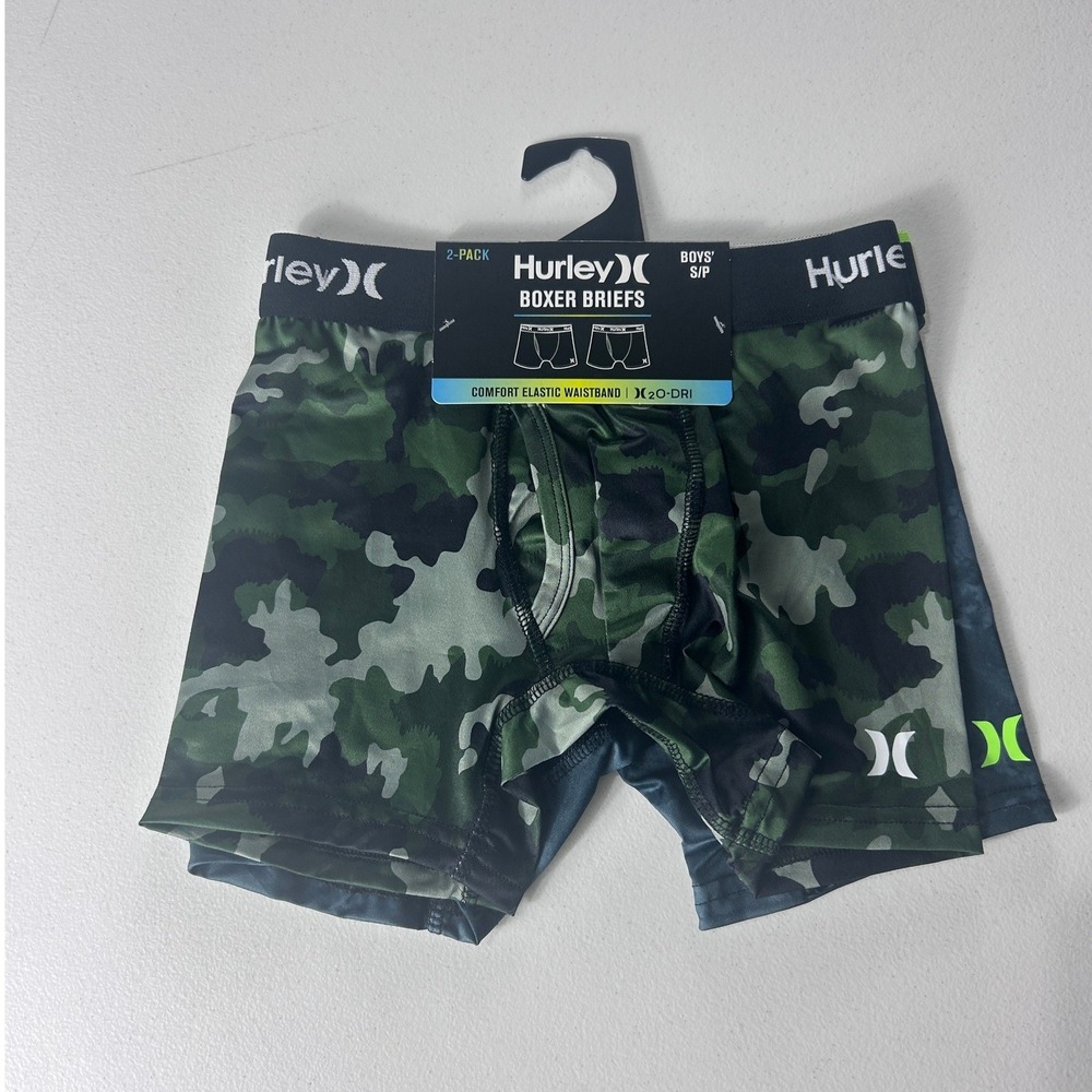Hurley Boys 2-Pack Boxer Briefs Small 6-8 Green Camo Blue Tie Dye H2O-DRI NEW